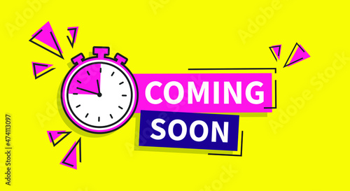 Modern red vector banner ribbon coming soon with clock on yellow. Web element.