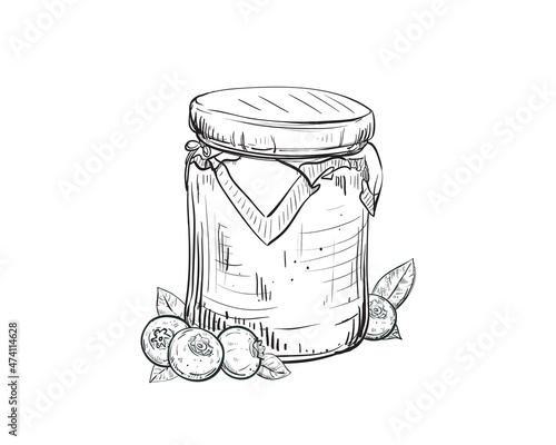 Hand drawn sketch black and white of blueberry, berry, jam, berry, jar, leaf. Vector illustration. Elements in graphic style label, card, sticker, menu, package. Engraved style illustration.