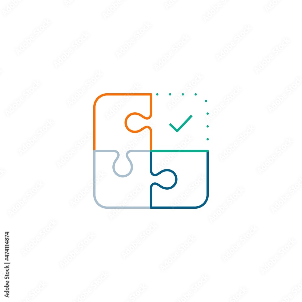 Simple solutions, compatibility, assemble puzzle pieces, problem solving logo icon line style graphic design vector