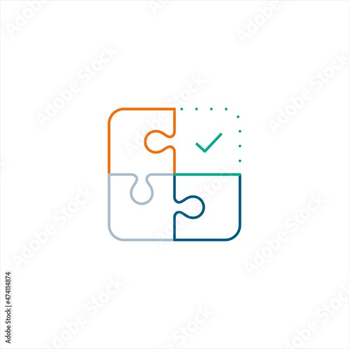 Simple solutions, compatibility, assemble puzzle pieces, problem solving logo icon line style graphic design vector