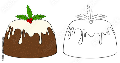 Christmas pudding with holly. Coloring book page for children. Colored and outline vector illustration isolated on white background. Game for kids.