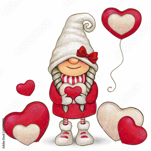 Watercolor cute hand drawn valentine's day gnome