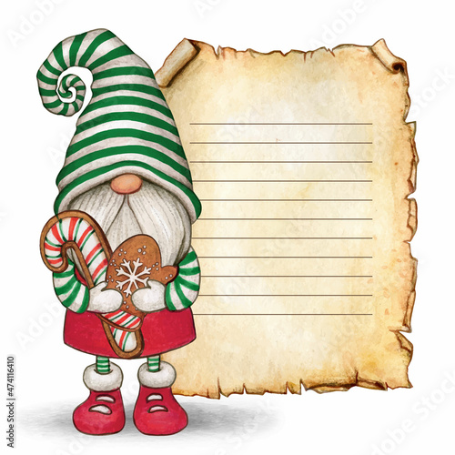 Watercolor cute hand drawn christmas gnome with scroll