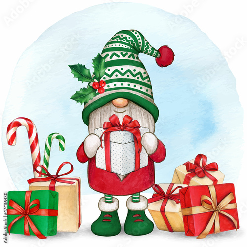 Watercolor cute hand drawn christmas gnome