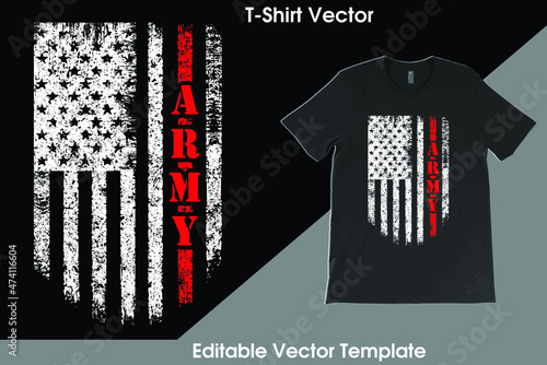 Proud USA Army T-Shirt Vector Template Design with vintage USA grunge flag design. Veteran remember and honor design, solder hero t-shirt designs.