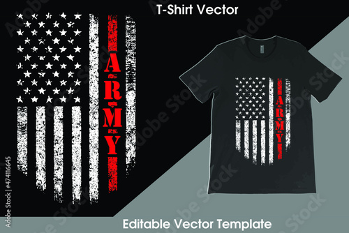 Proud USA Army T-Shirt Vector Template Design with vintage USA grunge flag design. Veteran remember and honor design, solder hero t-shirt designs.