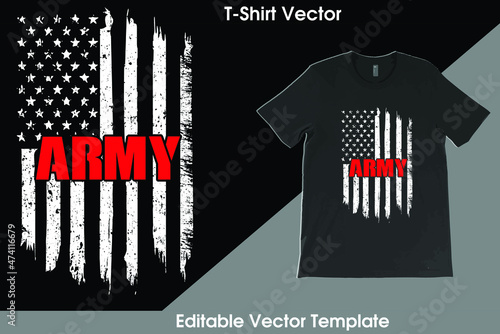 Proud USA Army T-Shirt Vector Template Design with vintage USA grunge flag design. Veteran remember and honor design, solder hero t-shirt designs.