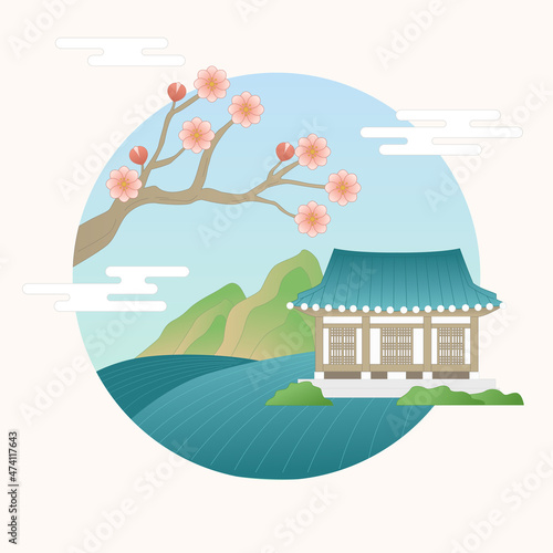 Korean landscape with traditional house.