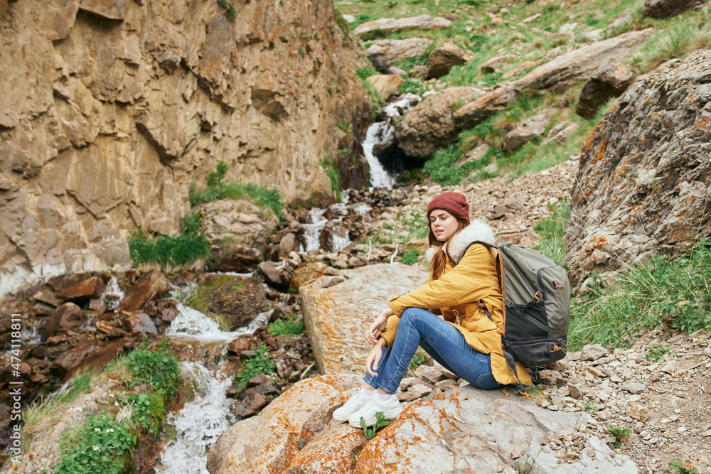 woman hiker with backpack mountains travel adventure freedom woman hiker with backpack mountains travel adventure freedom