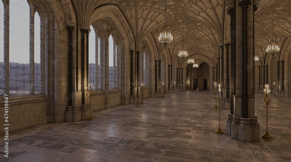 Fantasy medieval great hall in the castle 3d illustration