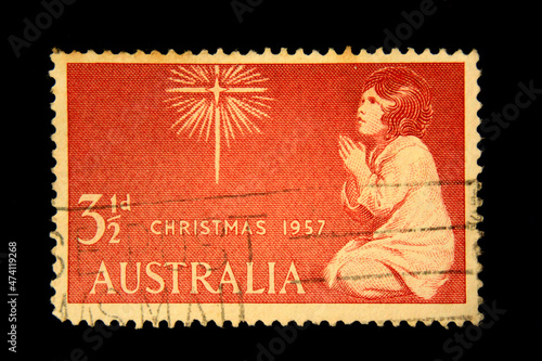 Australian Vintage Xmas Stamp,  Vintage stamps, stamp on black background, Old Stamps, Christmas,  Arts and Crafts, Hobbies, Collecting