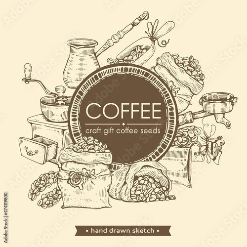 Image of coffee tools and drinks. Coffee craft, gift, seeds