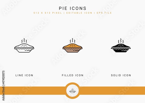 Pie icons set vector illustration with solid icon line style. Cookie bake cake concept. Editable stroke icon on isolated background for web design, user interface, and mobile app