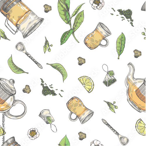 Detailed hand-drawn seamless pattern tea leaves and dishes.
