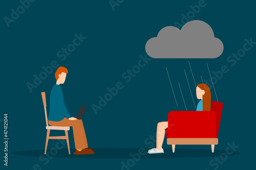 A woman is meeting with a psychiatrist. A psychiatrist is treating his patient. Vector illustration about therapy and consultation with a depressed patient.

