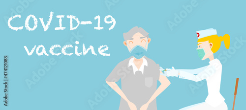 COVID-19 vaccination campaign in elderly people. Old man being vaccinated by nurse. Flat design vector illustration. Health and medical concept