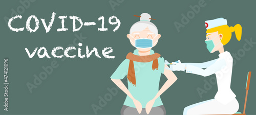 COVID-19 vaccination campaign in elderly people. Old woman getting vaccinated by nurse. Flat design vector illustration. Health and medical concept.