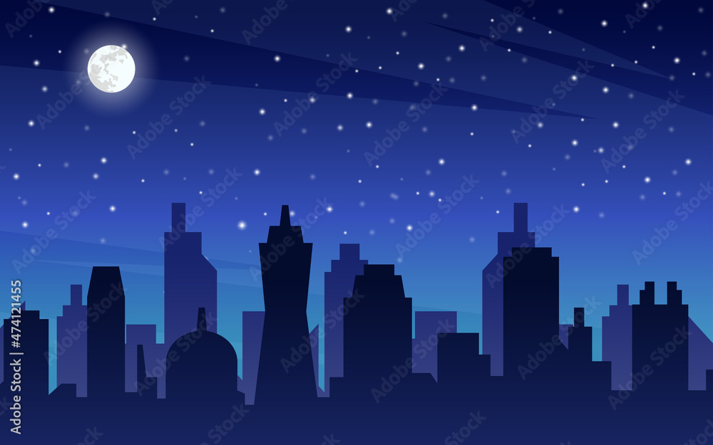 Cityscape at the night with moon and star.