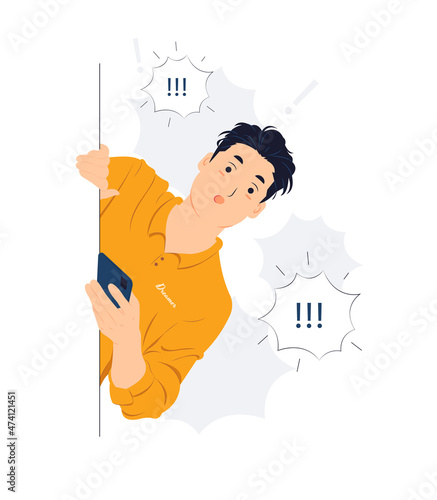 Man holding phone and peeking behind the wall while startled, shocked, Surprised, curiosity, listening, discovery and Pay attention concept illustration