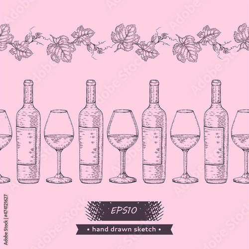 Collection of wine glasses and bottles and with leaves above.