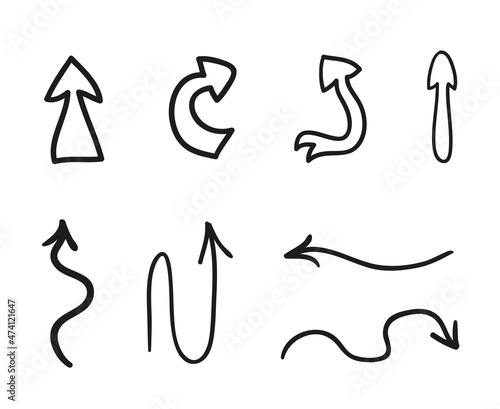 Black infographic elements on isolated white background. Hand drawn abstract arrows. Set of different pointers. Elements are drawn in a linear style. Black and white illustration