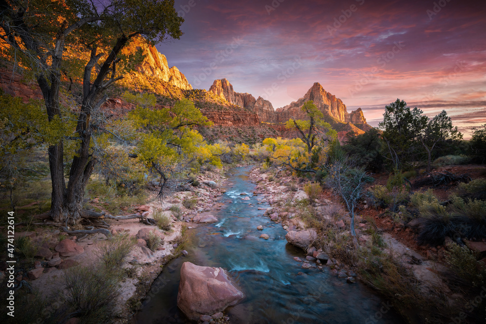 Zion national park with sunset