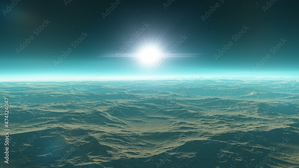 beautiful view from an exoplanet, a view from an alien planet, a computer-generated surface, a fantastic view of an unknown world, a fantasy world 3D render