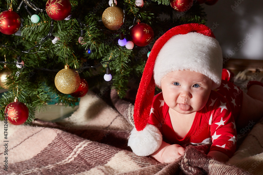 Caucasian baby shows his tongue and crawls under the Christmas tree at home. lifestyle. copy space Caucasian baby shows his tongue and crawls under the Christmas tree at home. lifestyle. copy space