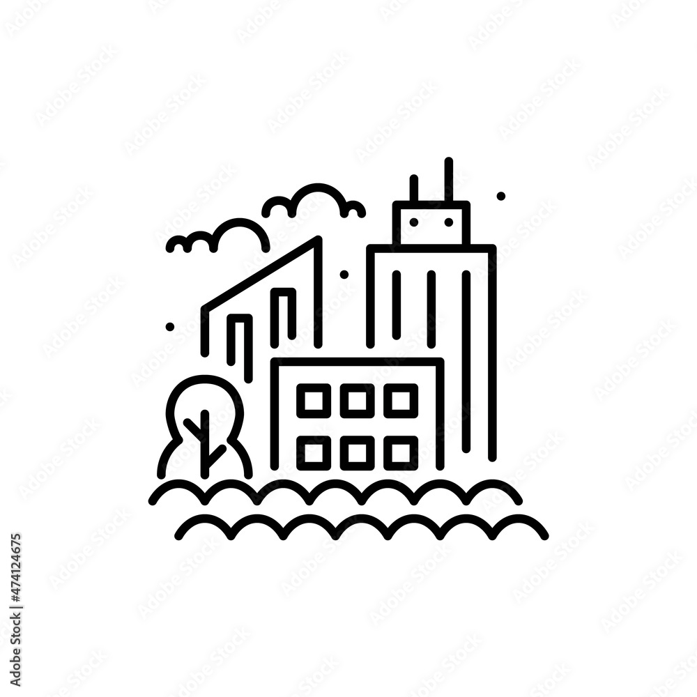 Flooded city. Skyscrapers and trees drowning in water. Pixel perfect, editable stroke icon