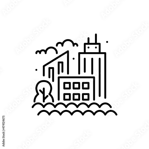 Flooded city. Skyscrapers and trees drowning in water. Pixel perfect, editable stroke icon