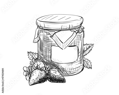 Hand drawn sketch black and white of strawberry, berry, jam, berry, jar, leaf. Vector illustration. Elements in graphic style label, card, sticker, menu, package. Engraved style illustration.