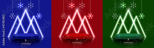 Christmas 3d background set. Stage podium blue, red, green, decorated with neon lighting triangle shape. Product display, show, award, winners. Christmas and New year scene. Vector illustration.