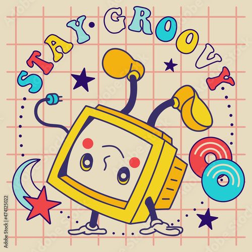 Groovy retro computer with slogan. Hippie style fun vintage pc and motivation slogan illustration for tee, t shirt and sticker - poster design