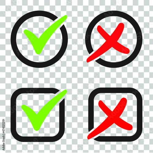 Red and green check marks isolated on transparent background. Vector check mark icons.