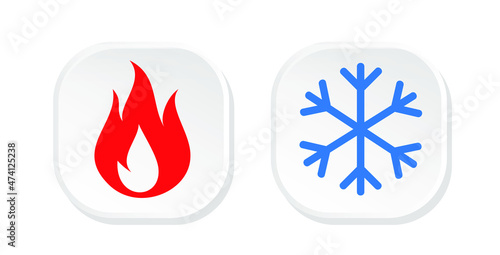 Cold and hot button. Snowlake and flame design concept. Cooling and heating button. Illustration vector.