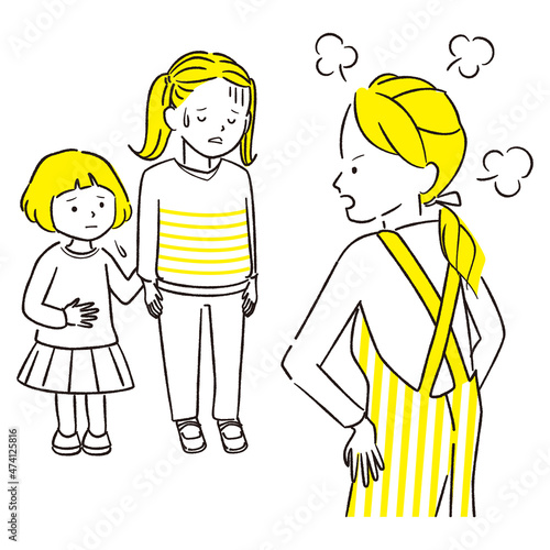 手描き1color　母親に叱られる姉妹