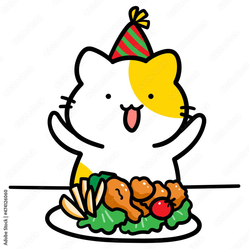 クリスマスのご馳走を食べるねこのかわいい手書き風イラスト Stock ベクター Adobe Stock
