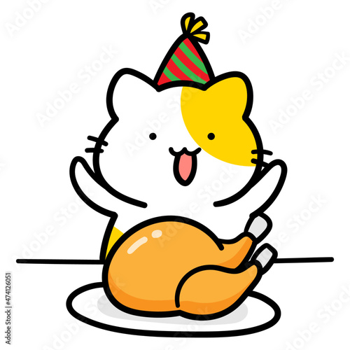 クリスマスの七面鳥に喜ぶねこのかわいい手書き風イラスト