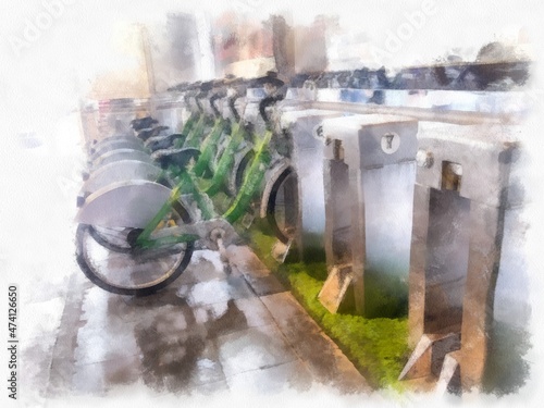 Public green bicycles at public parking for city service people. watercolor style illustration impressionist painting.