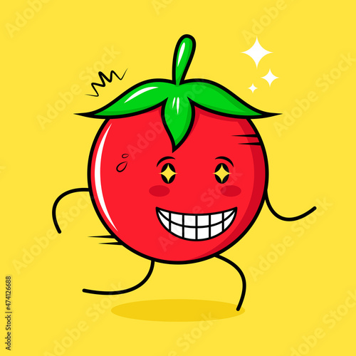 cute tomato character with happy expression  sparkling eyes  run and smiling. green  red and yellow. suitable for emoticon  logo  mascot