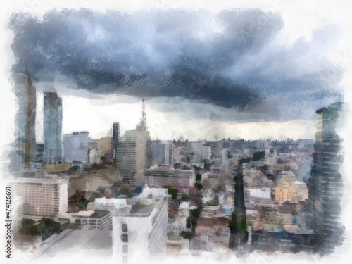 The landscape of Bangkok city where you can see tall buildings and streets in the old commercial district on Charoen Krung Road. watercolor style illustration impressionist painting.