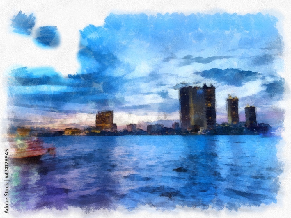 Landscape of the Chao Phraya River in Bangkok in Twilight Time watercolor style illustration impressionist painting.