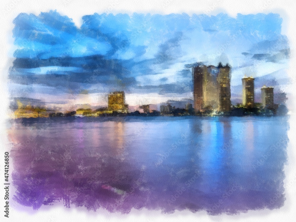 Landscape of the Chao Phraya River in Bangkok in Twilight Time watercolor style illustration impressionist painting.