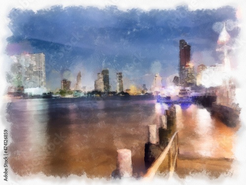 Landscape of the Chao Phraya River in Bangkok in Twilight Time watercolor style illustration impressionist painting. © Kittipong