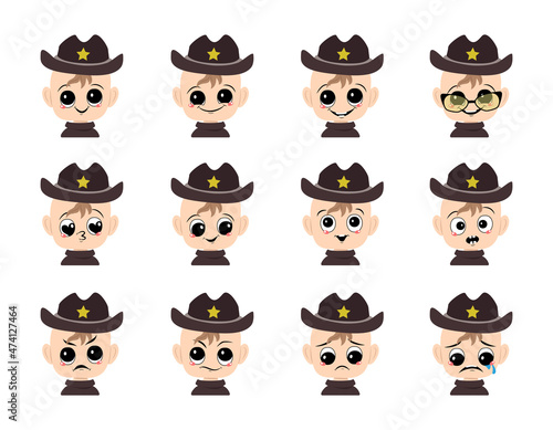 Set of baby avatar with big eyes and wide smile and different emotions in sheriff hat with yellow star. Cute child with joyful, sad or angry face in carnival costume. Head of boy with expression