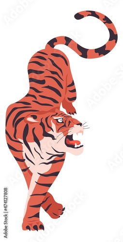 Roaring tiger animal with long tail exotic mammal