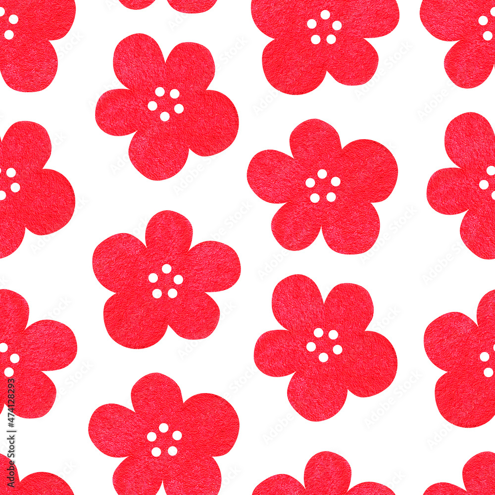 Seamless pattern of red flowers. Watercolor vintage illustration. Isolated on a white background.