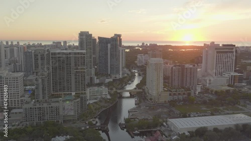 zoom out aerial capture of downtown fort lauderdale durin the sunrise photo