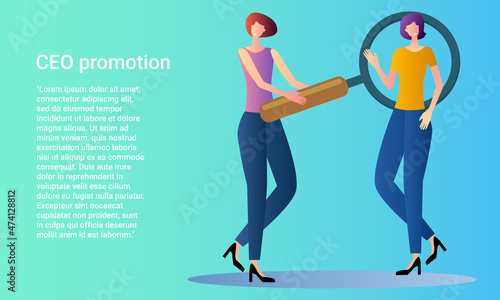 CEO promotion.Search engines and web development.People on the background of a large magnifying glass.Poster in business style.Flat vector illustration.