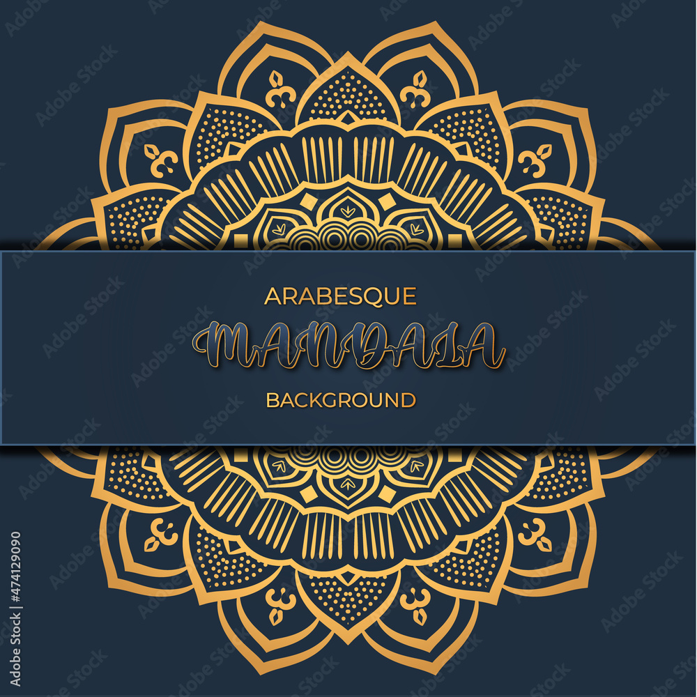 Arabic style luxury mandala background design in golden color with 3d text effect. This horizontal oriental mandala background with floral geometric pattern used elegant arabesque wedding anniversary
